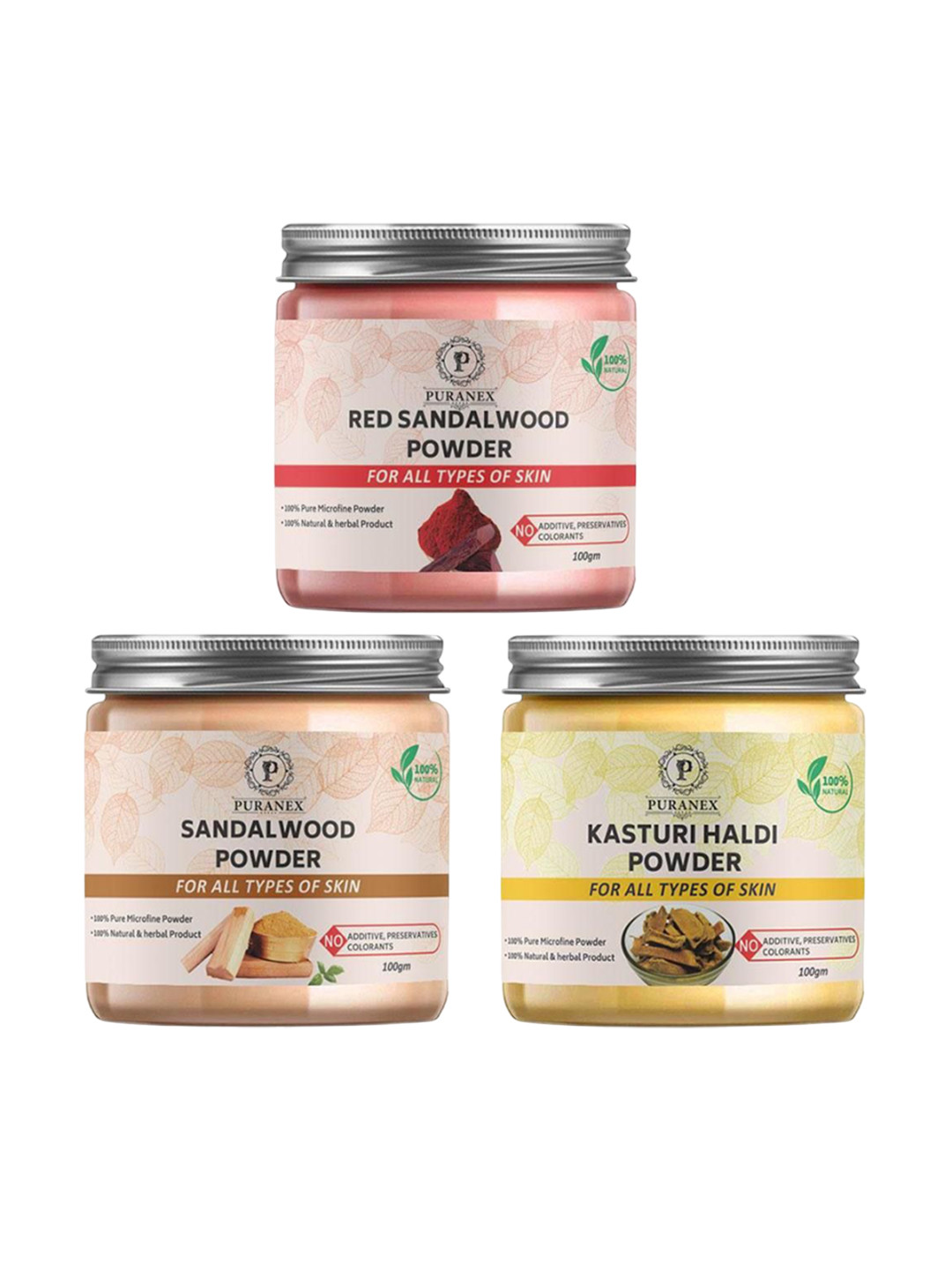 

Puranex Set Of 3 Red Sandal Wood, Sandalwood & Kasturi Haldi Powder For Face - 100 g Each, White