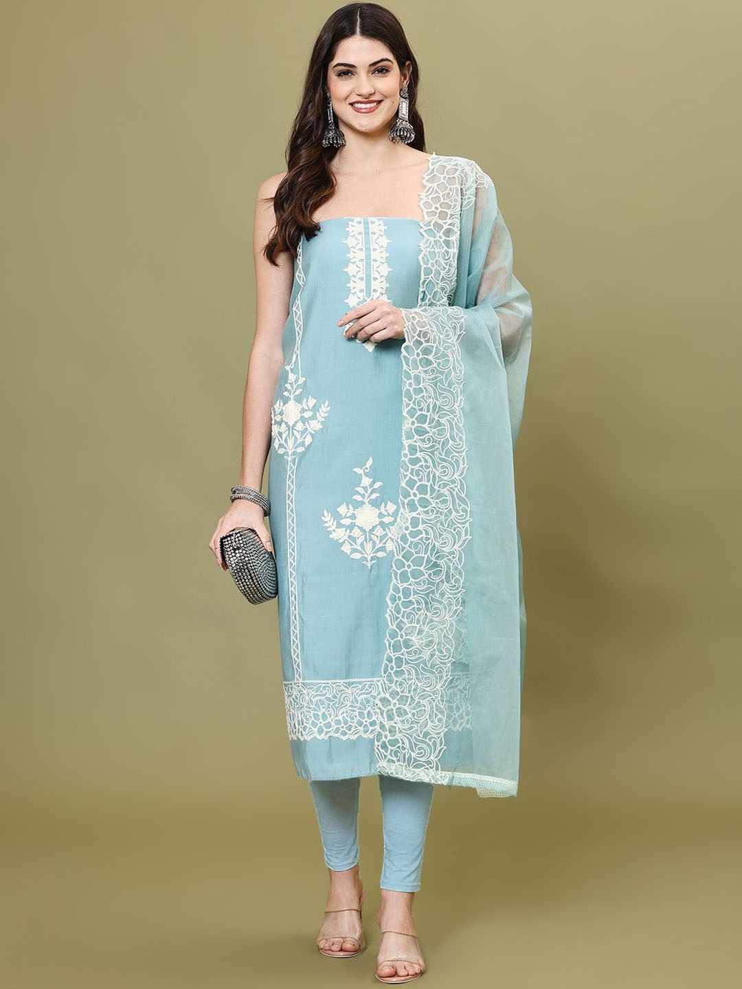 

Meena Bazaar Embroidered Art Silk Unstitched Dress Material, Blue