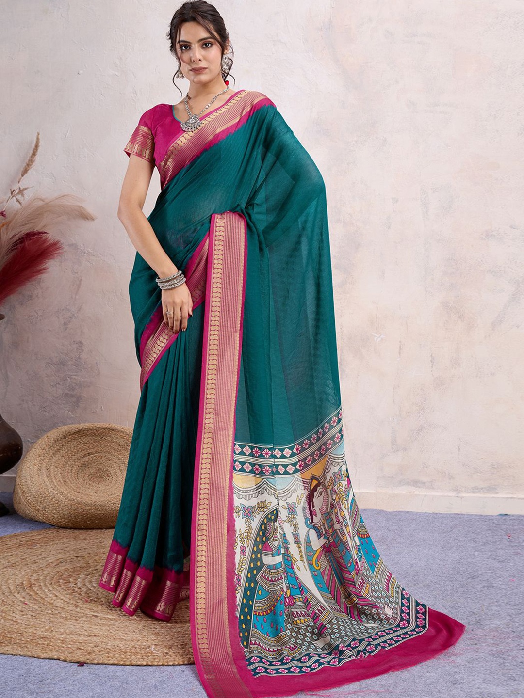 

Panzora Ethnic Motifs Zari Silk Blend Saree, Teal