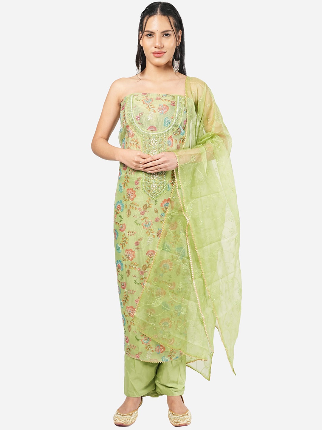 

MOZAFIA Floral Printed Beads and Stones Organza Unstitched Dress Material, Green