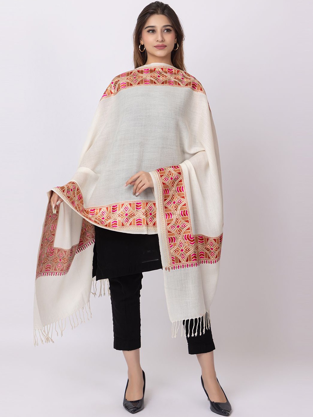 

PASHGIRI Women Geometric Woven Design Shawl, White