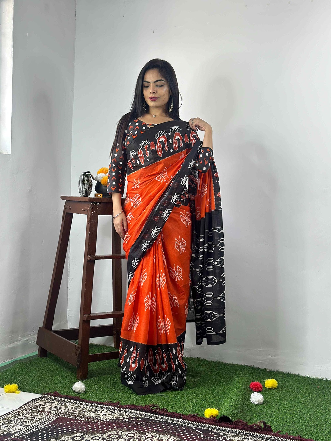 

HERE&NOW Pure Cotton Bagru Saree, Black