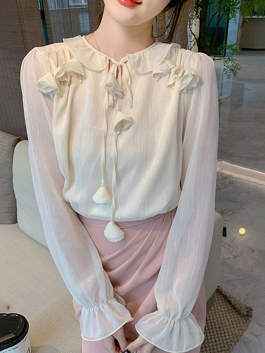 

LULU & SKY Tie-Up Neck Shirt Style Top, Beige