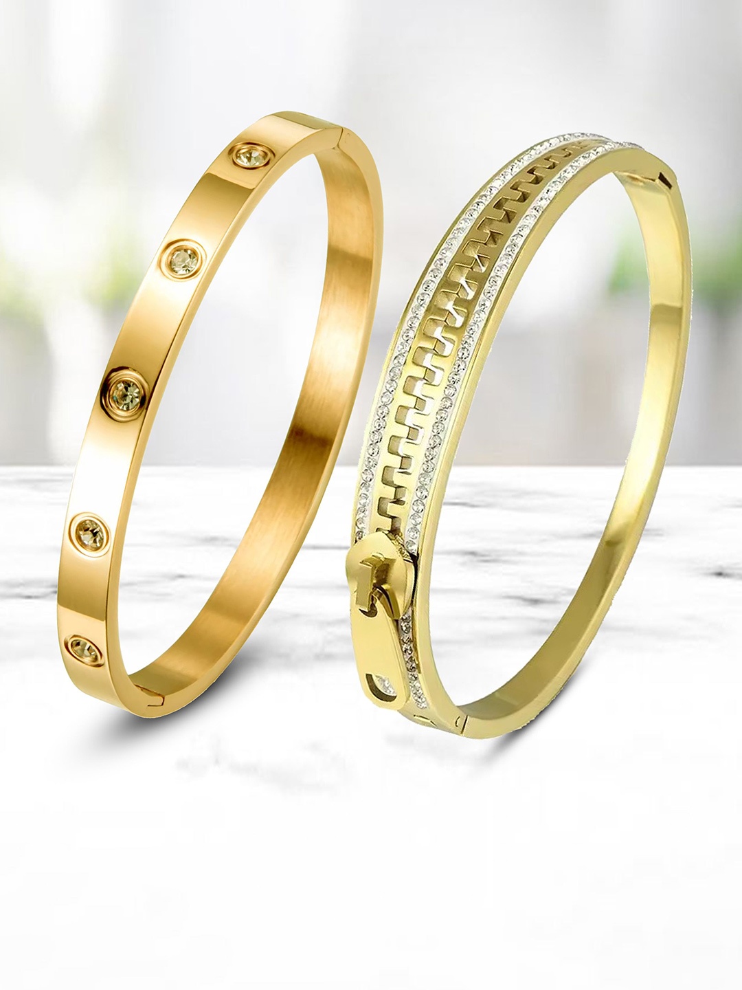 

DIVASTRI Set Of 2 Gold-Plated AD Studded Stainless Steel Anti Tarnish Kada Bracelet