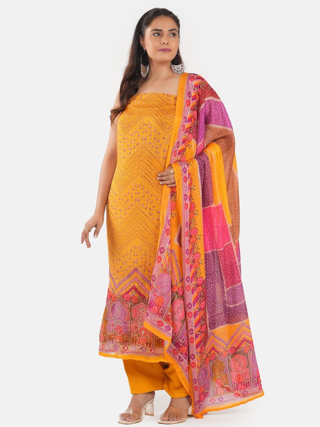 

MOZAFIA Bandhani Printed Organza Unstitched Dress Material, Yellow