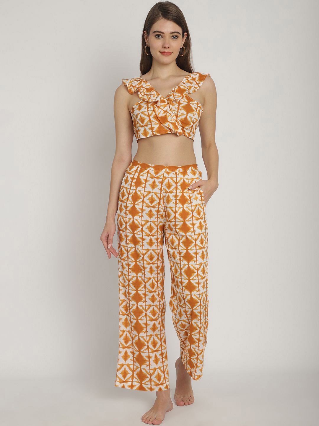 

Blissence Printed Frill Top & Trousers Swimwear Cover up Set, Mustard