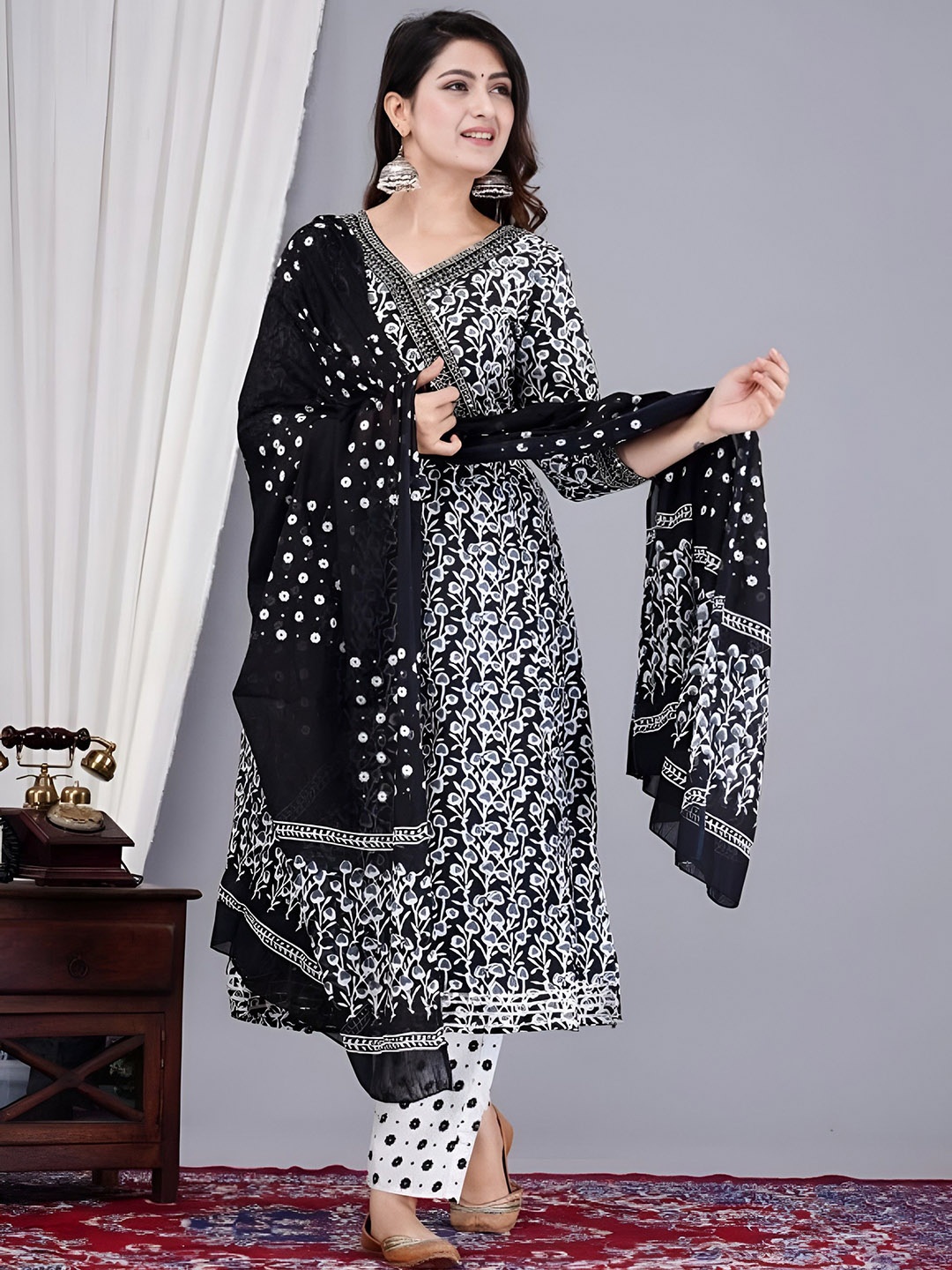 

Lali Creation Women Floral Printed Angrakha Gotta Patti Kurta with Palazzos & With Dupatta, Black