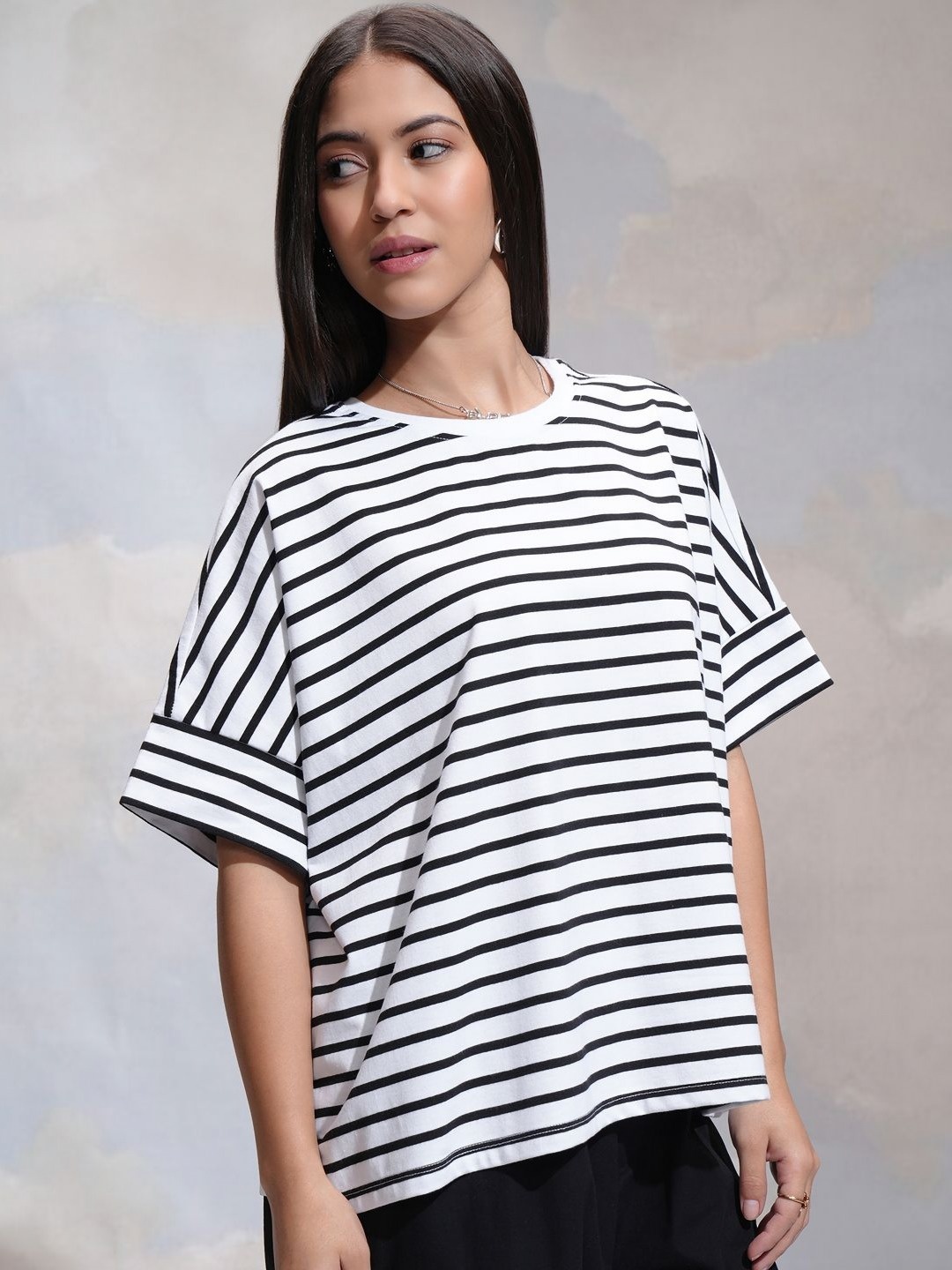 

Street By Tokyo Talkies Women Striped Drop-Shoulder Sleeves T-shirt, White