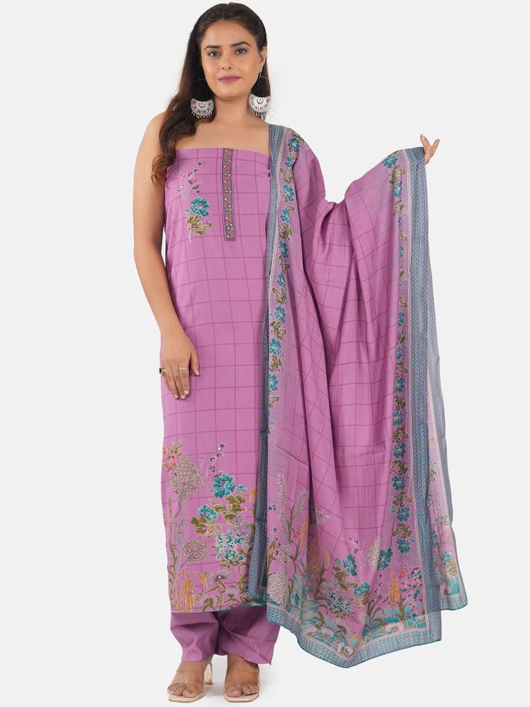 

MOZAFIA Floral Printed Mirror Work Pure Silk Unstitched Dress Material, Purple