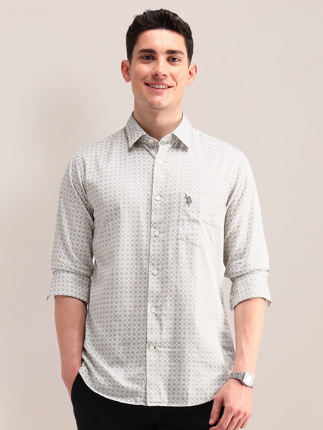 

U.S. Polo Assn. Men Tailored Fit Opaque Printed Formal Shirt, White
