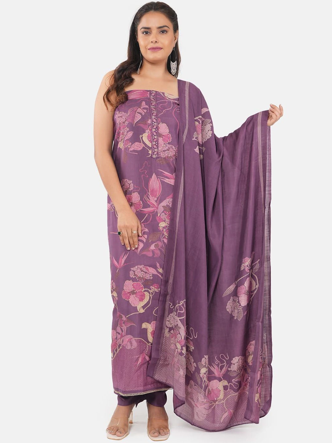 

MOZAFIA Floral Printed Beads and Stones Pure Silk Unstitched Dress Material, Purple