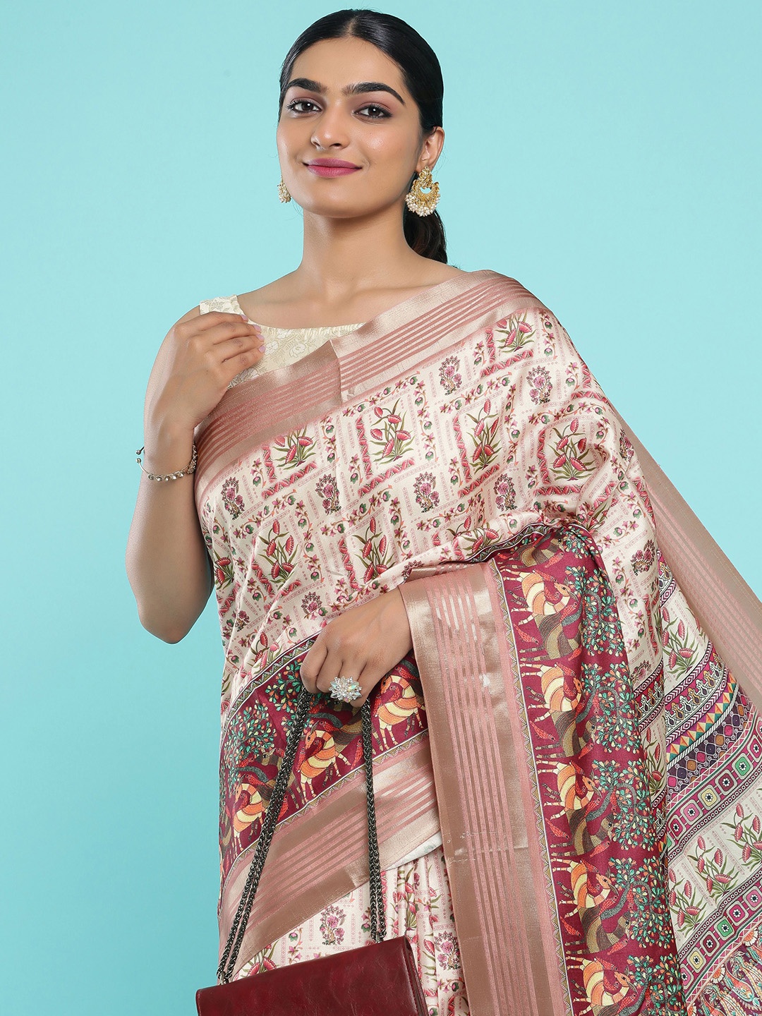 

Kalyan Silks Floral Zari Jute Silk Tussar Saree, Peach