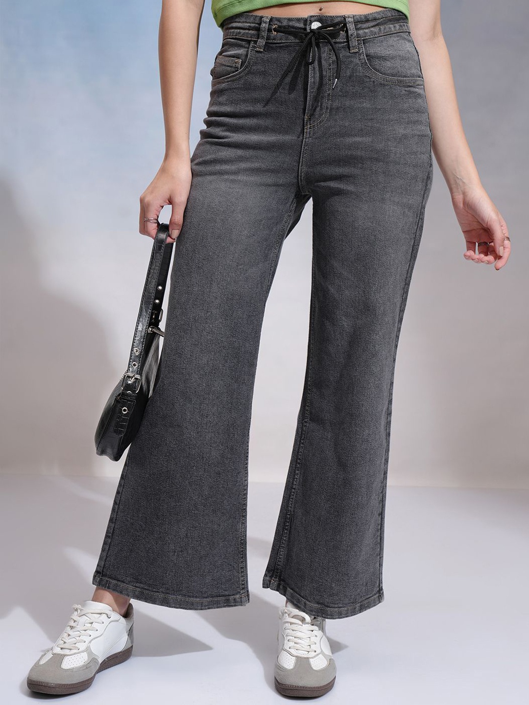 

Tokyo Talkies Women Wide Leg Stretchable Mid-Rise Jeans, Grey
