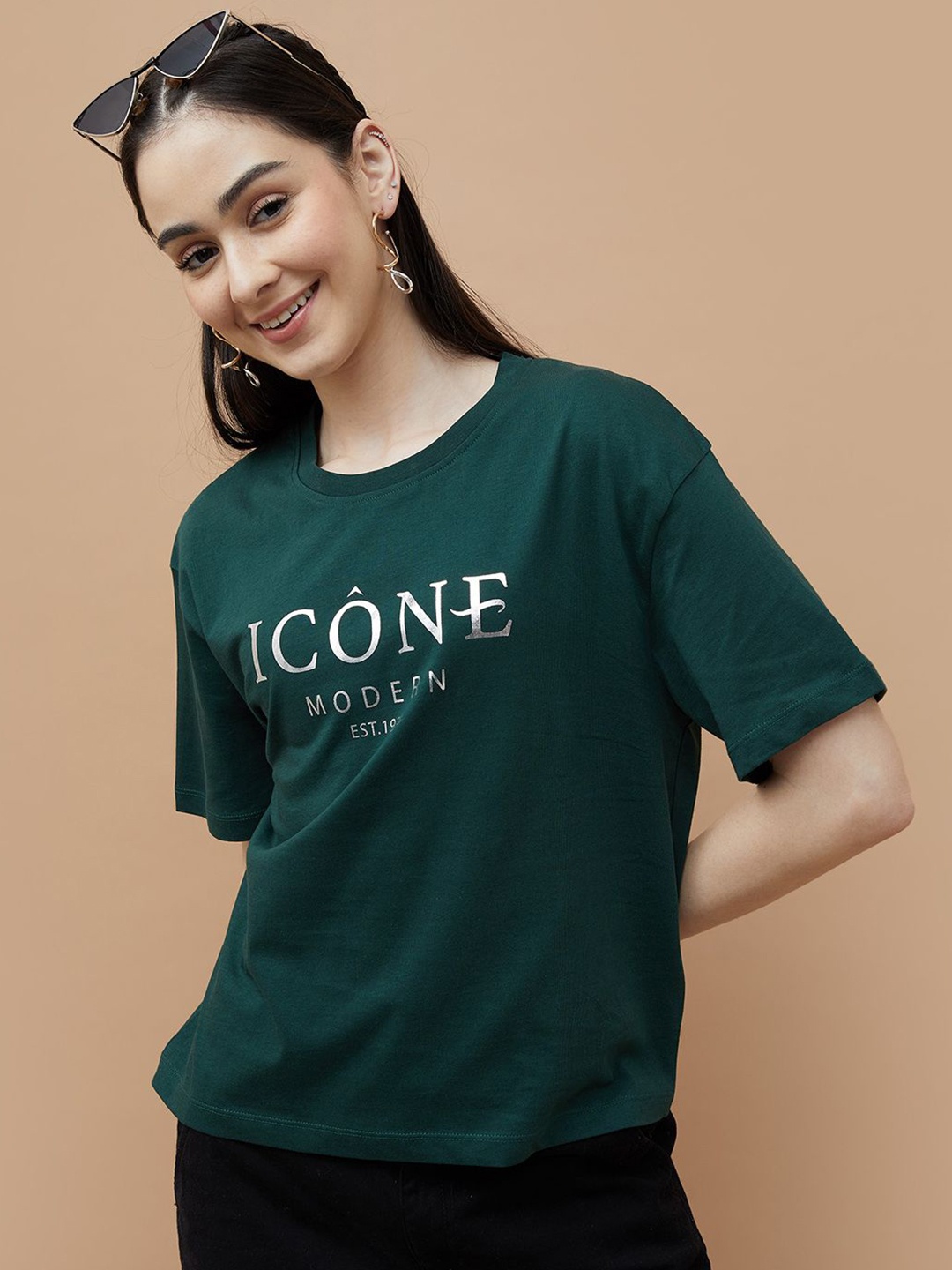 

Fame Forever by Lifestyle Women Typography Printed Drop-Shoulder Sleeves Cotton T-shirt, Green