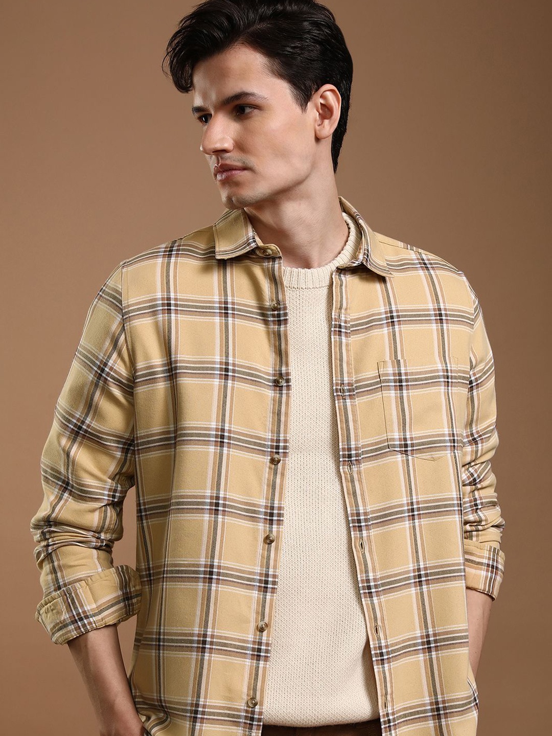 

HIGHLANDER Men Opaque Checked Casual Shirt, Beige