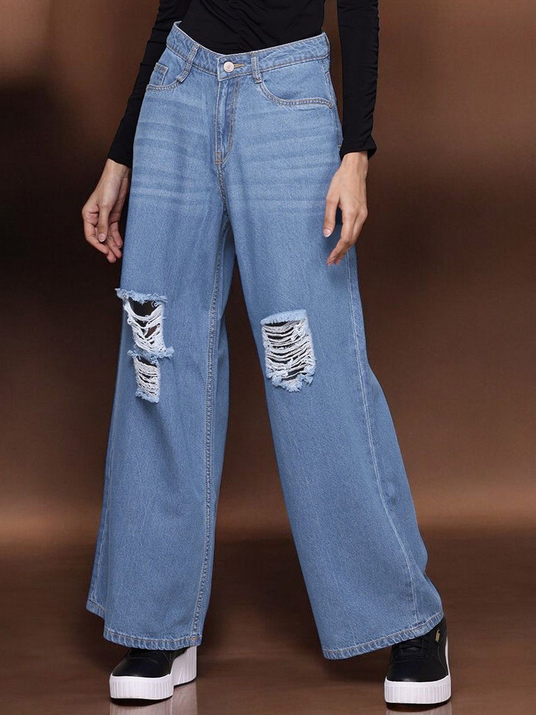 

The Roadster Lifestyle Co Pure Cotton High-Rise Wide Leg Distressed Jeans, Blue