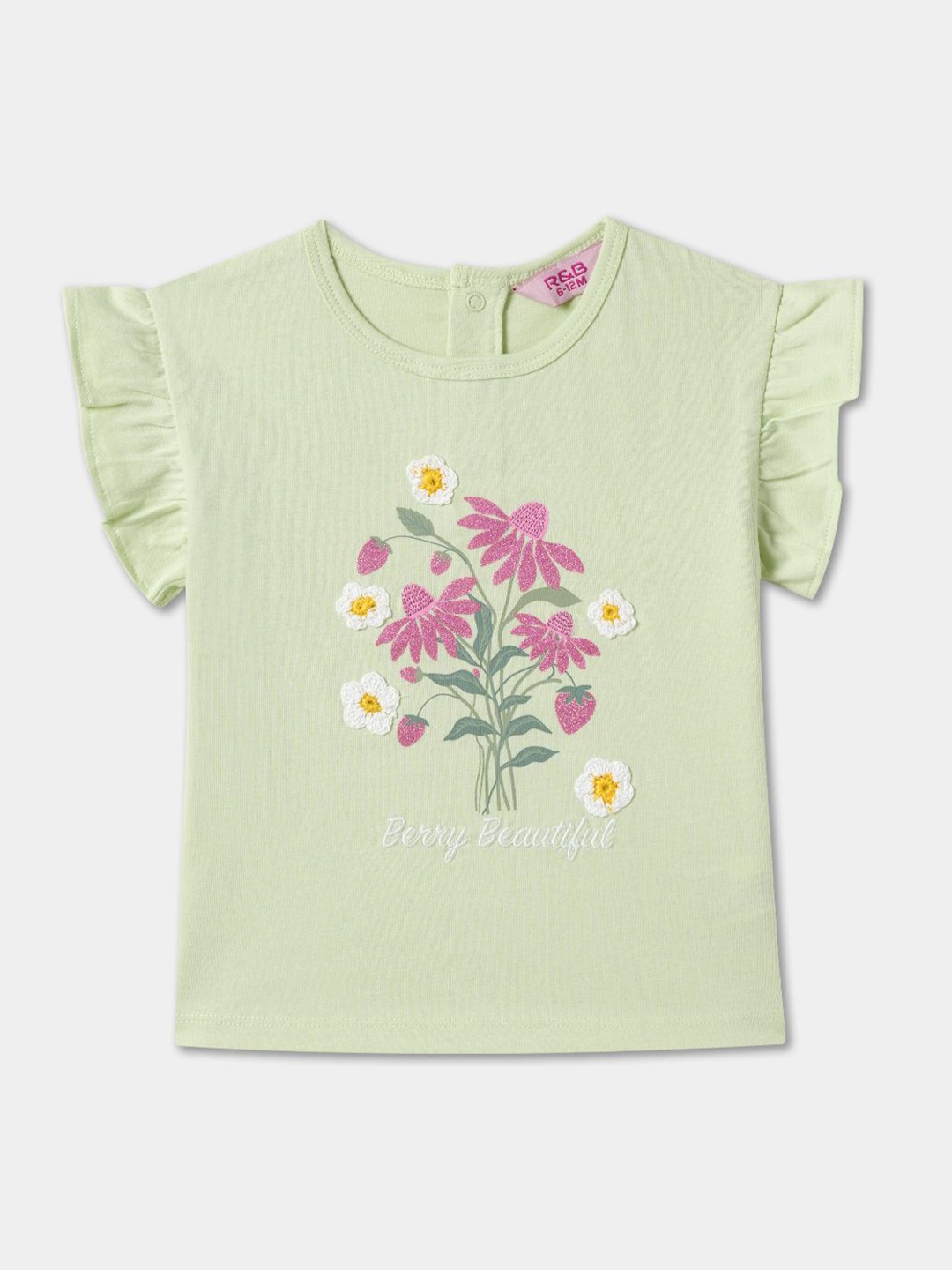 

R&B Floral Print Flutter Sleeve Cotton Top, Green