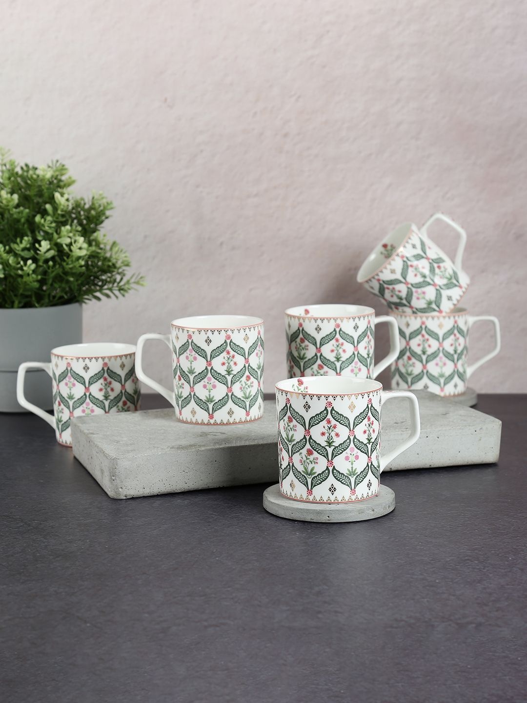 

India Circus by Krsnaa Mehta Grey & White 6 Pieces Floral Printed Mugs