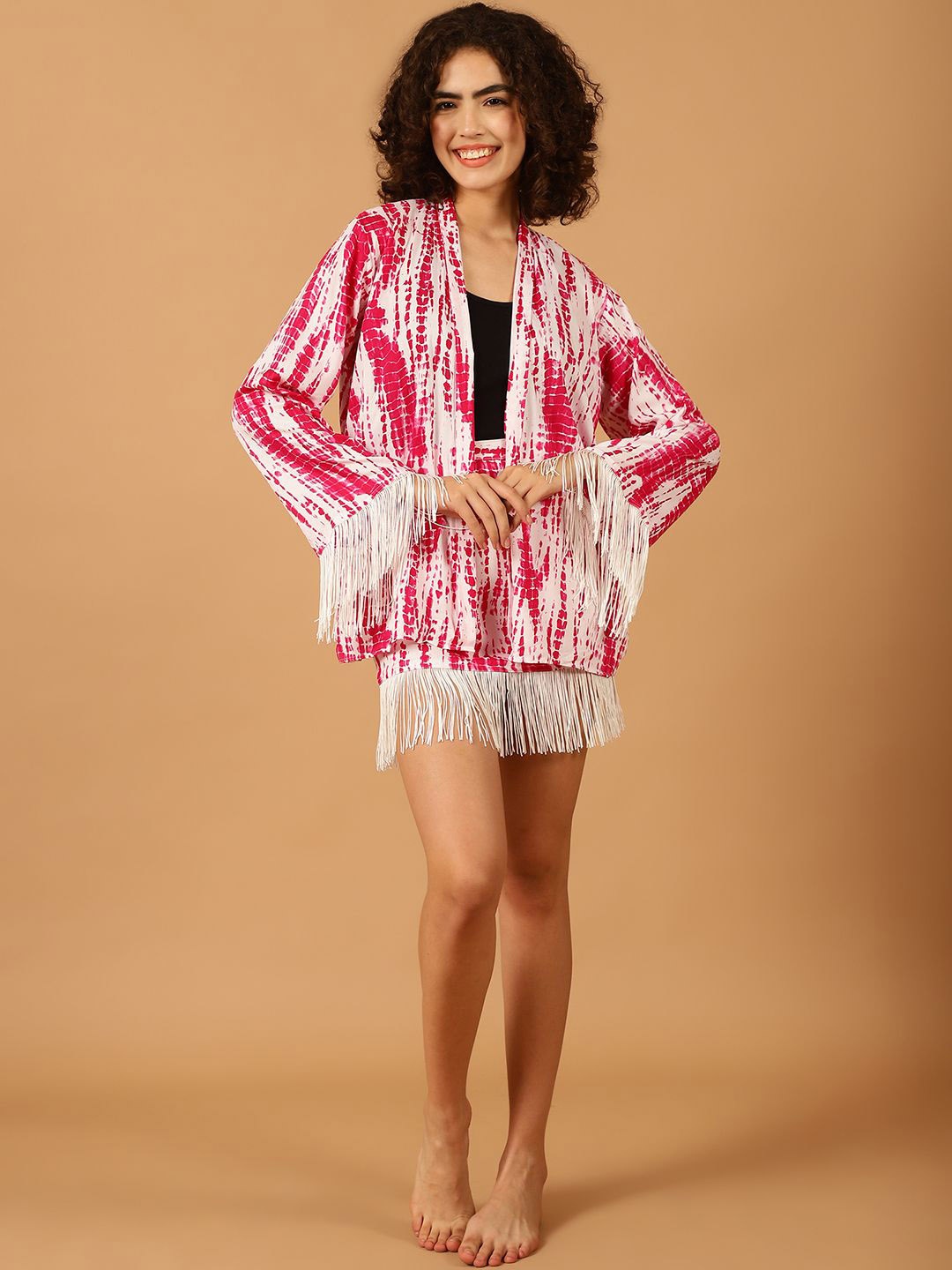 

Blissence Printed Fringed Robe & Skirt Swimwear Cover Up Set, Pink