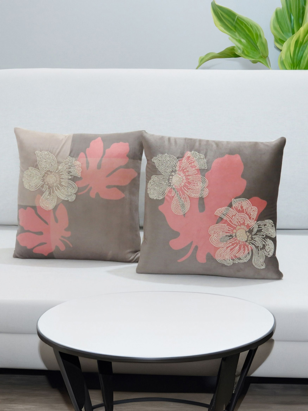 

Mid July Home Grey & Pink 2 Pieces Floral Soft Awakening Velvet Square Cushion Covers