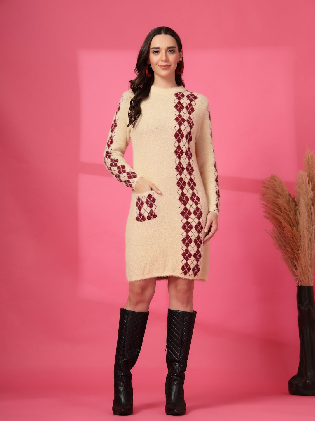 

Clora Creation Print Woollen Dress, Cream