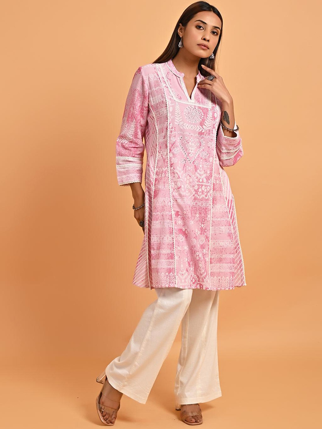 

Lakshita Mandarin Collar Floral Printed Beads and Stones Georgette A-Line Kurta, Pink