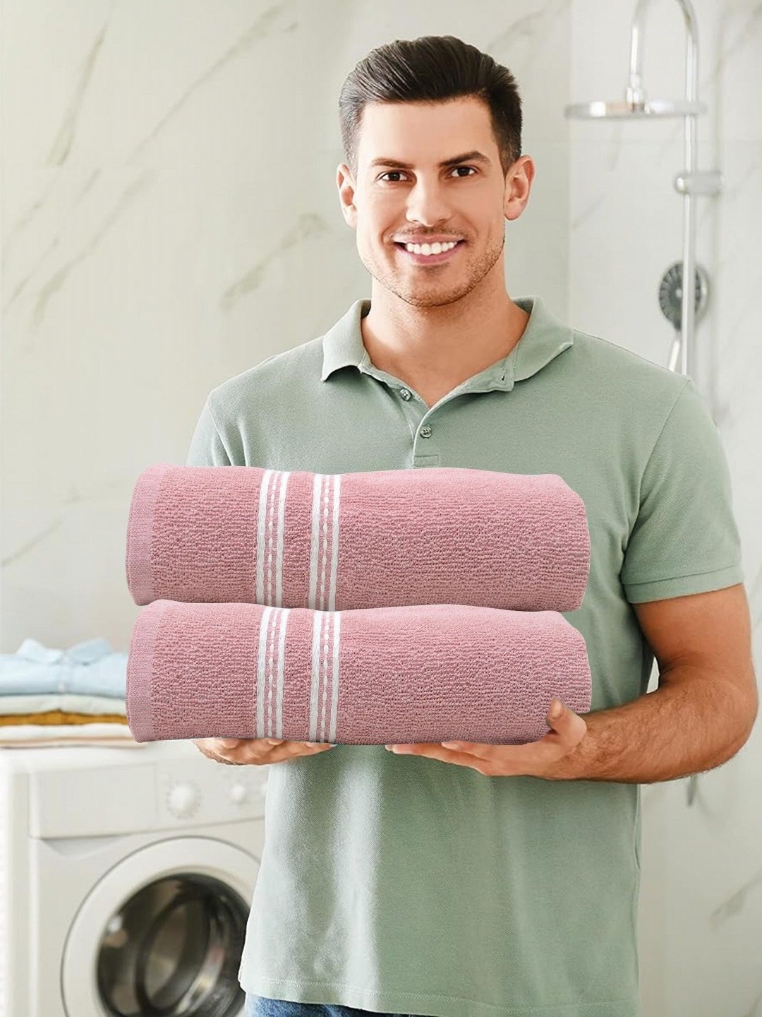 

LADLI JEE Pink 2 Pieces Striped Pure Cotton 400 GSM Bath Towels
