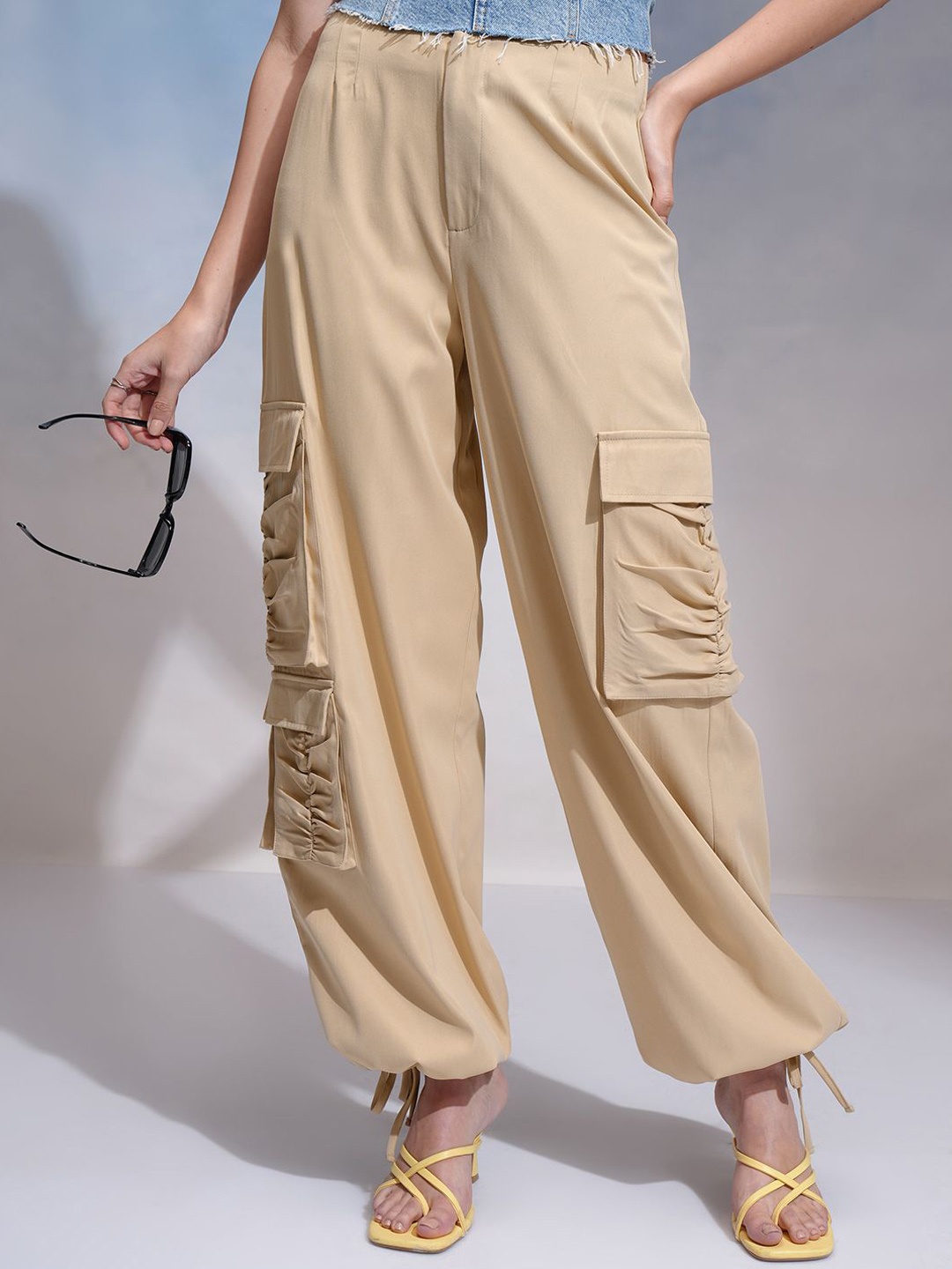 

CHIC BY TOKYO TALKIES Women Flared Pleated Cargos Trousers, Beige
