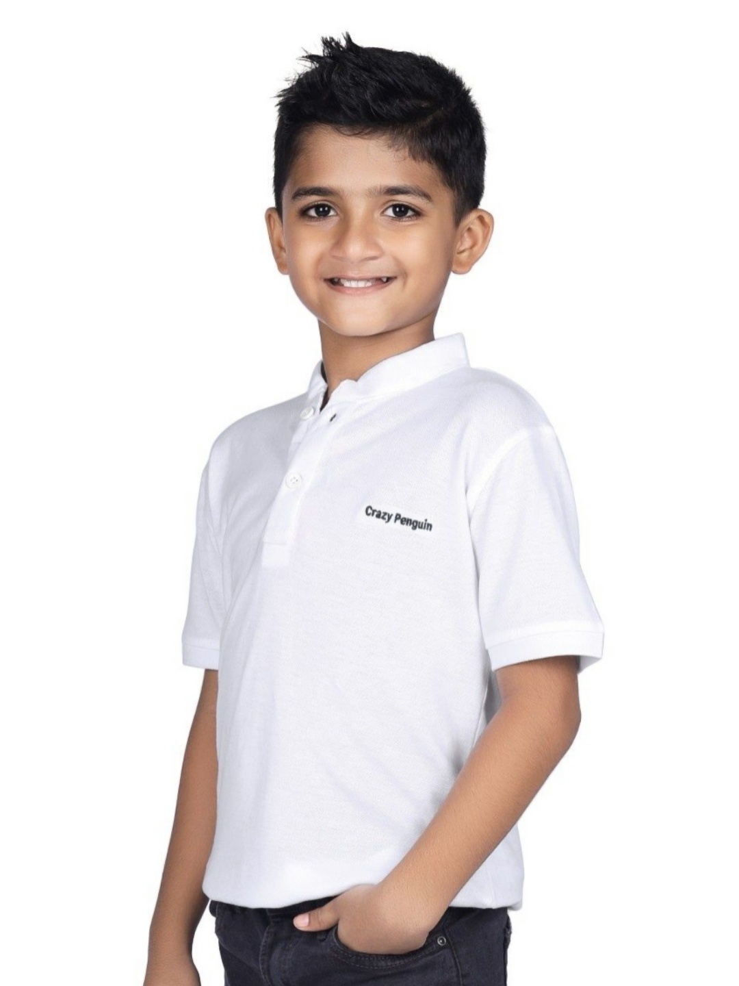

CRAZYPENGUIN ELITE Boys Solid Mandarin Collar Cotton Relaxed Fit T-shirt, White