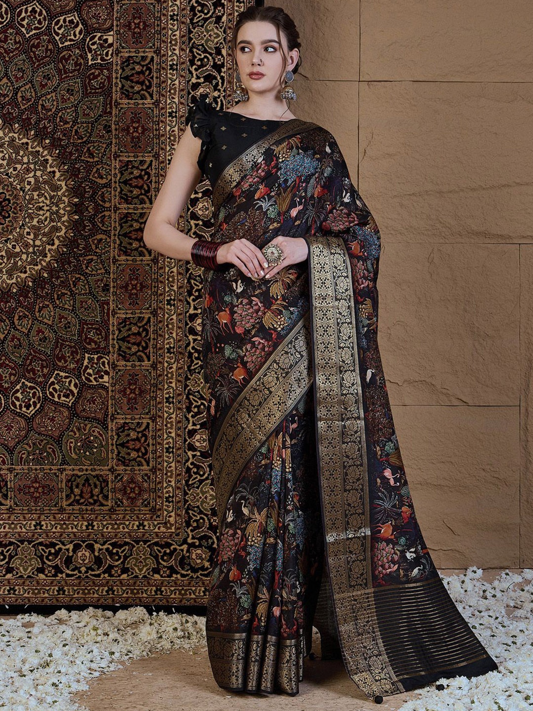

Anouk Kalamkari Zari Silk Blend Sungudi Saree, Black