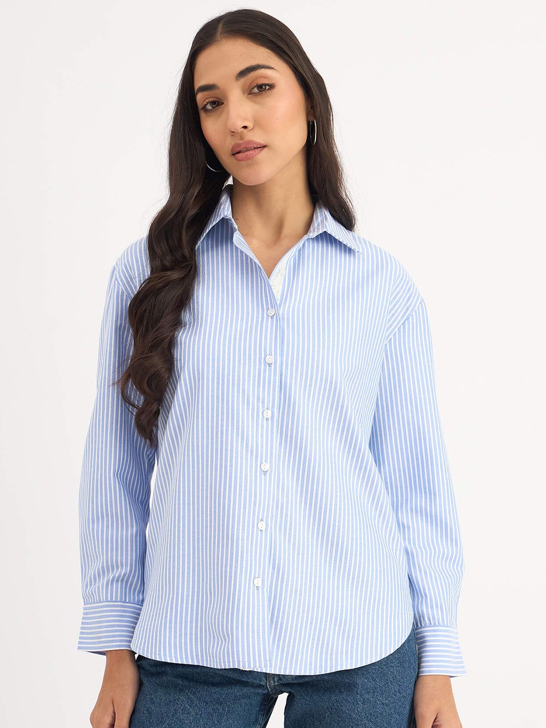 

SALT ATTIRE Women Vertical Striped Party Shirt, Blue