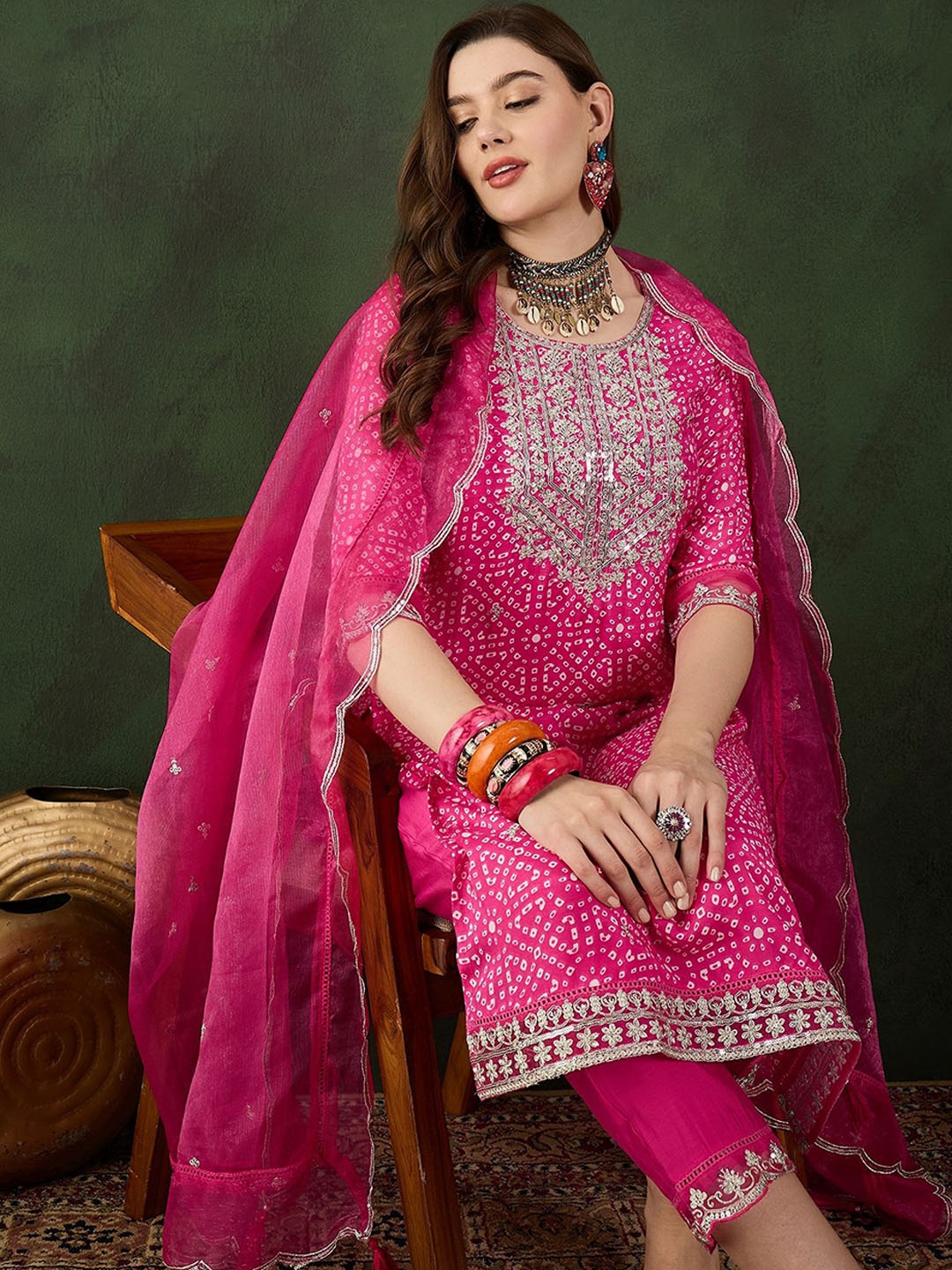 

Sangria Embroidered Kurta & Trouser With Dupatta, Pink