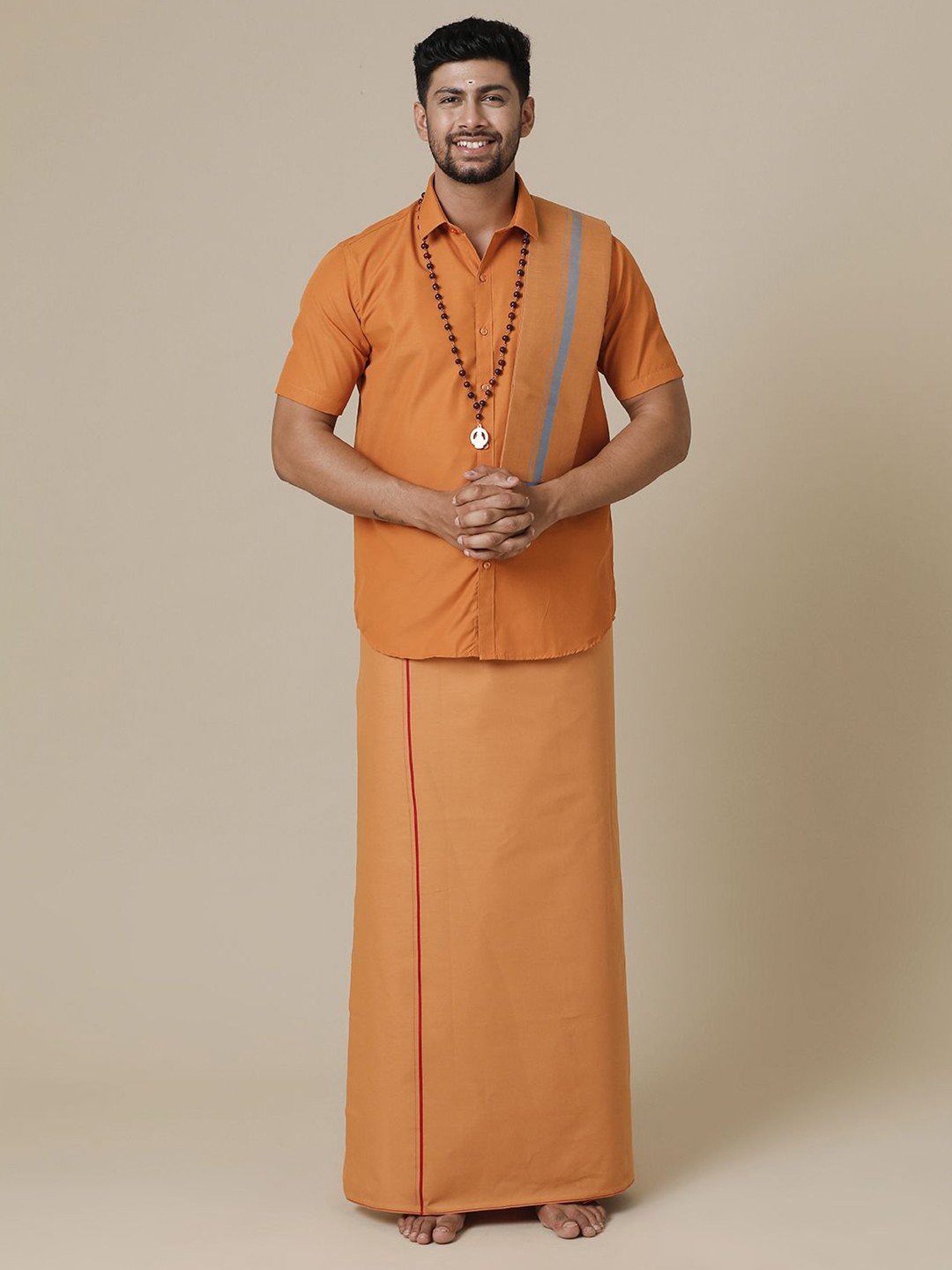 

Ramraj Men Solid Half Sleeve Shirt With Dhoti, Brown