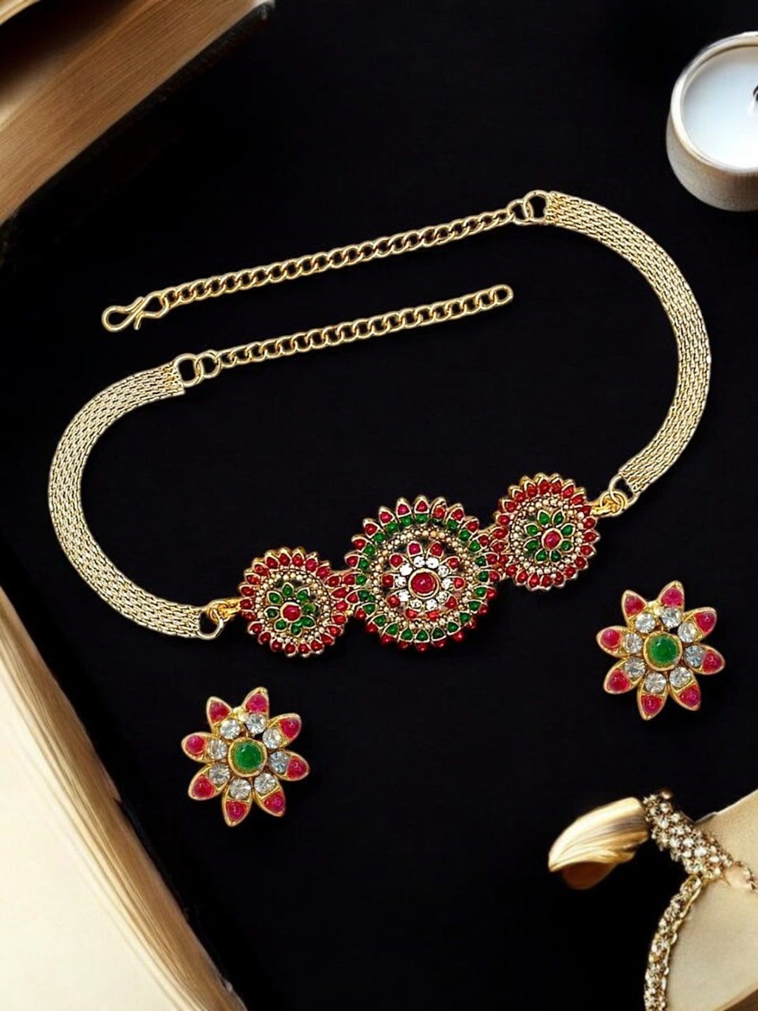 

FEMMIBELLA Gold Plated CZ & Stone Studded Jewellery Set