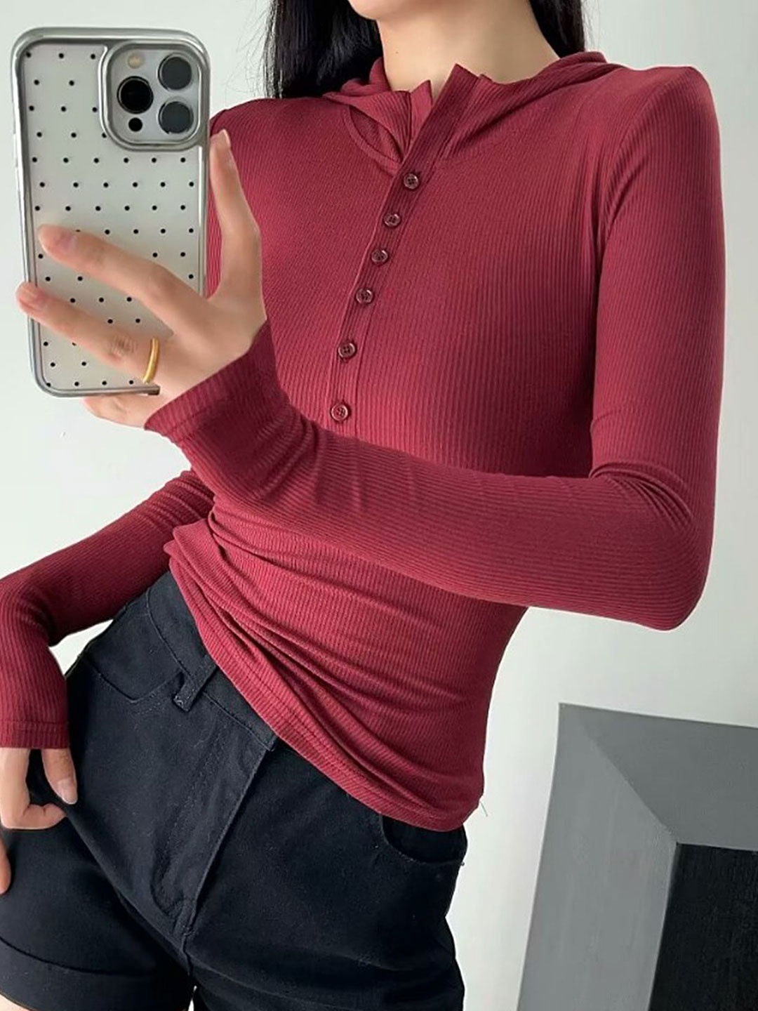 

LULU & SKY Mandarin Collar Top, Burgundy