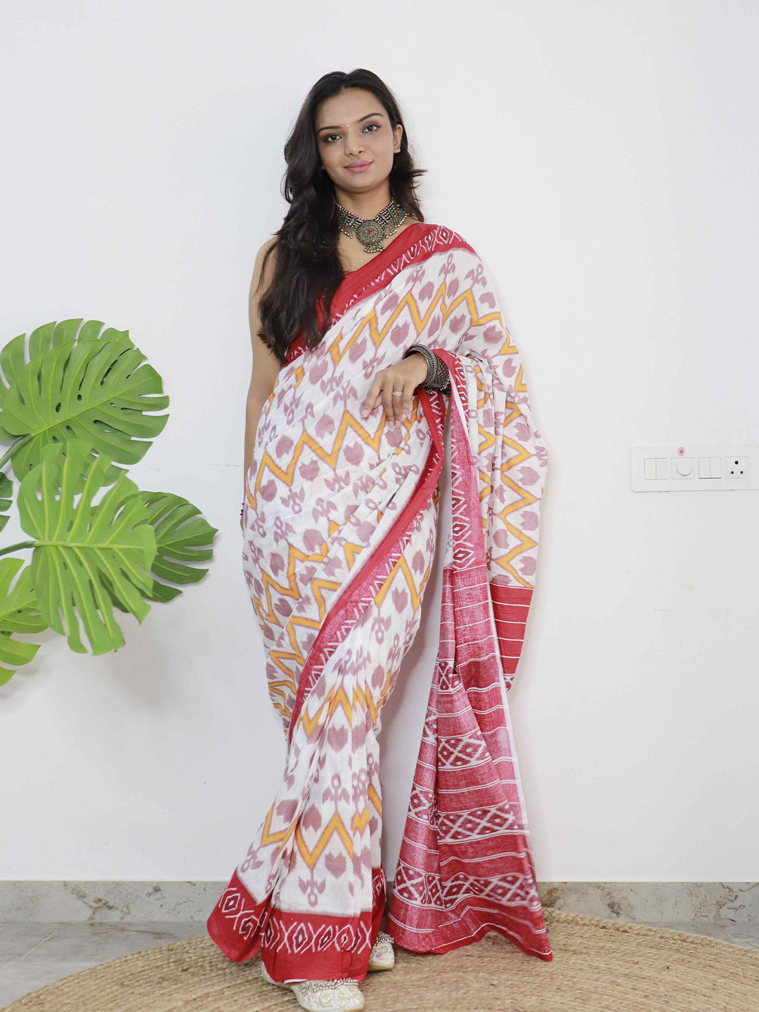 

HERE&NOW Pure Cotton Bagru Saree, White
