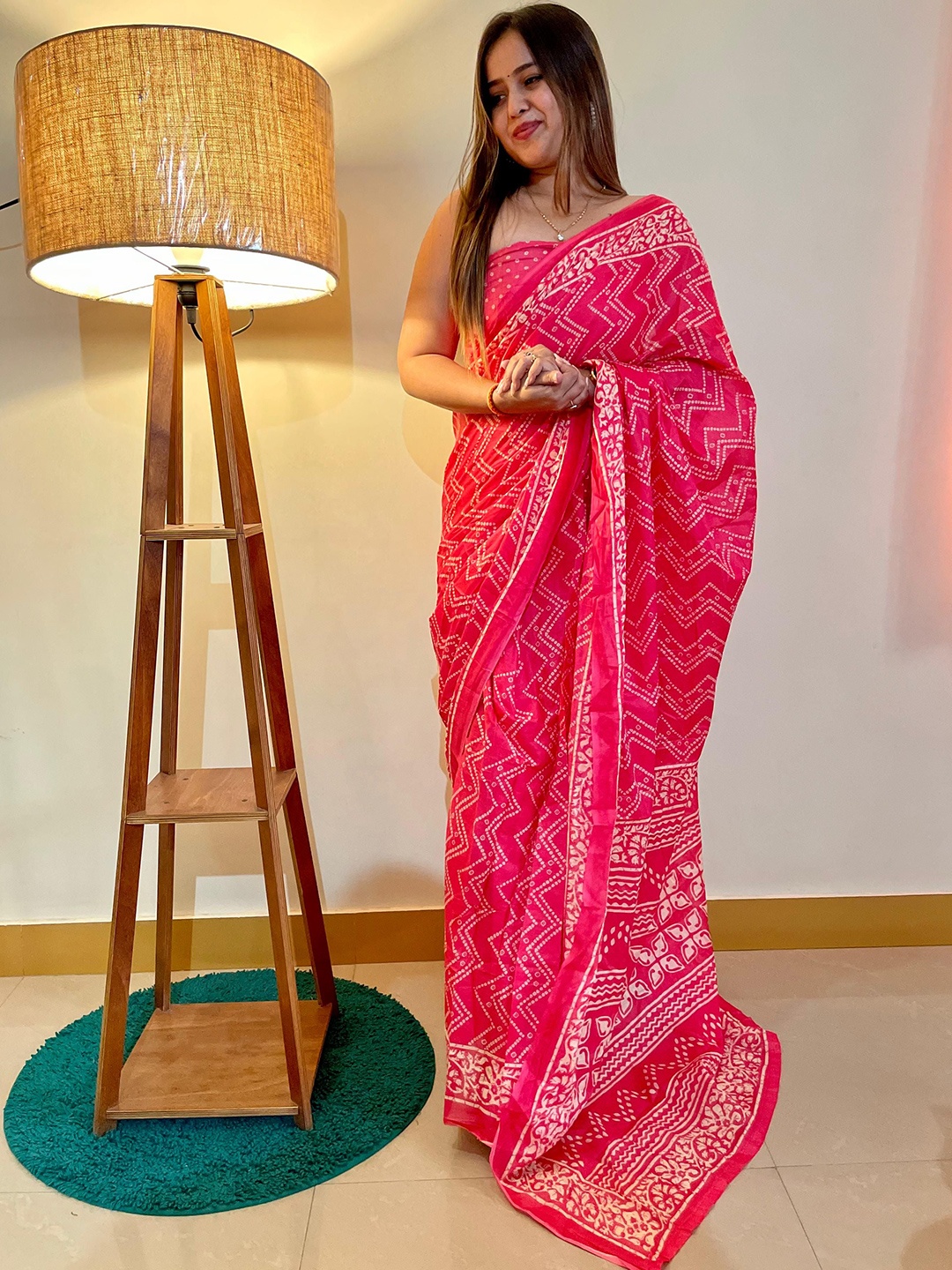 

HERE&NOW Pure Cotton Bagru Saree, Pink