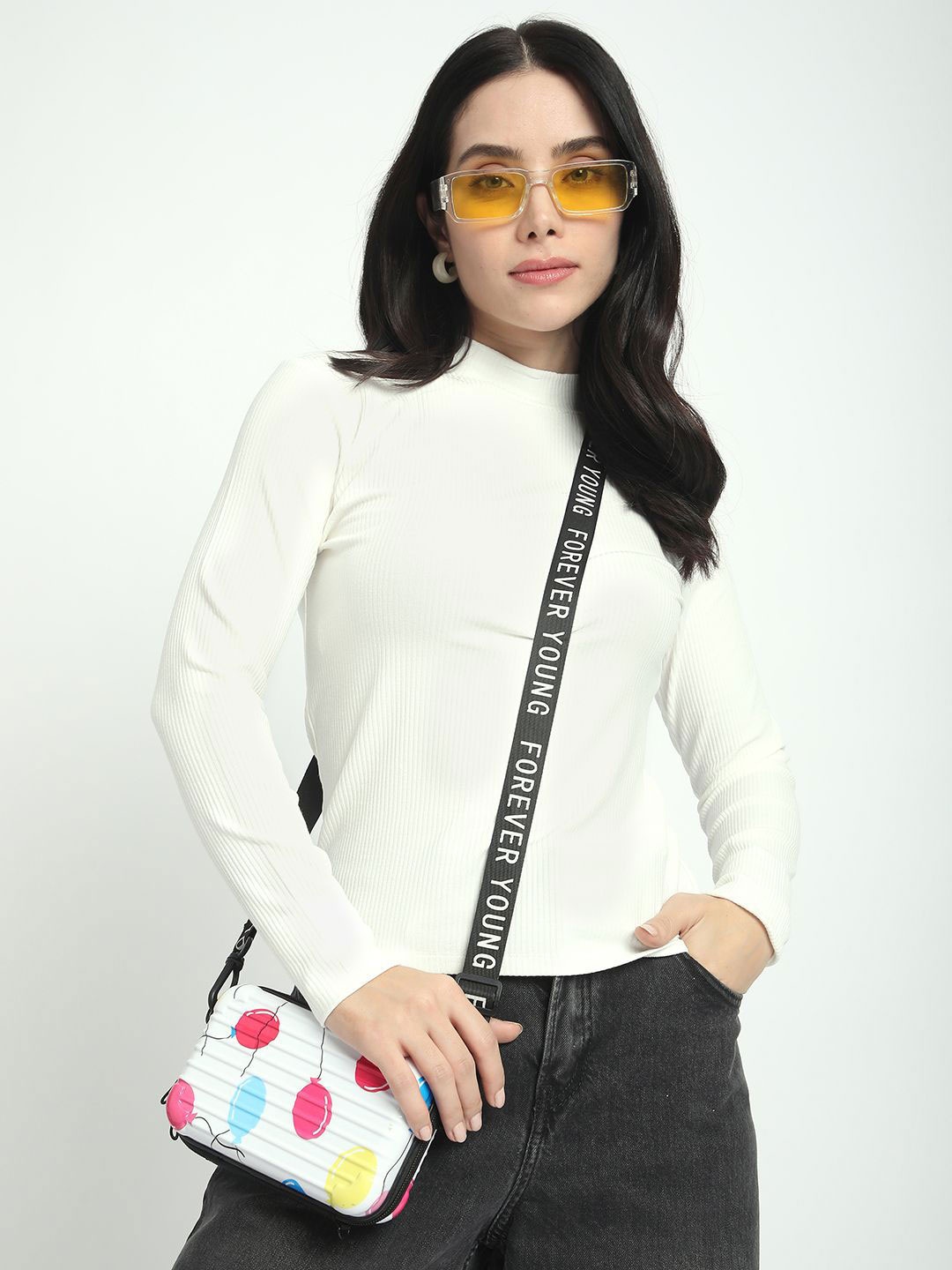 

R&B Women Ribbed High Neck Long Sleeves Top, White