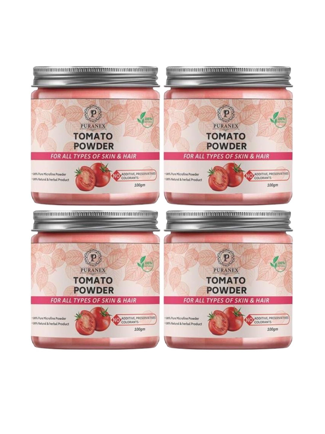 

Puranex Set Of 4 100% Natural Tomato Powder Face Pack - 100 g Each, White