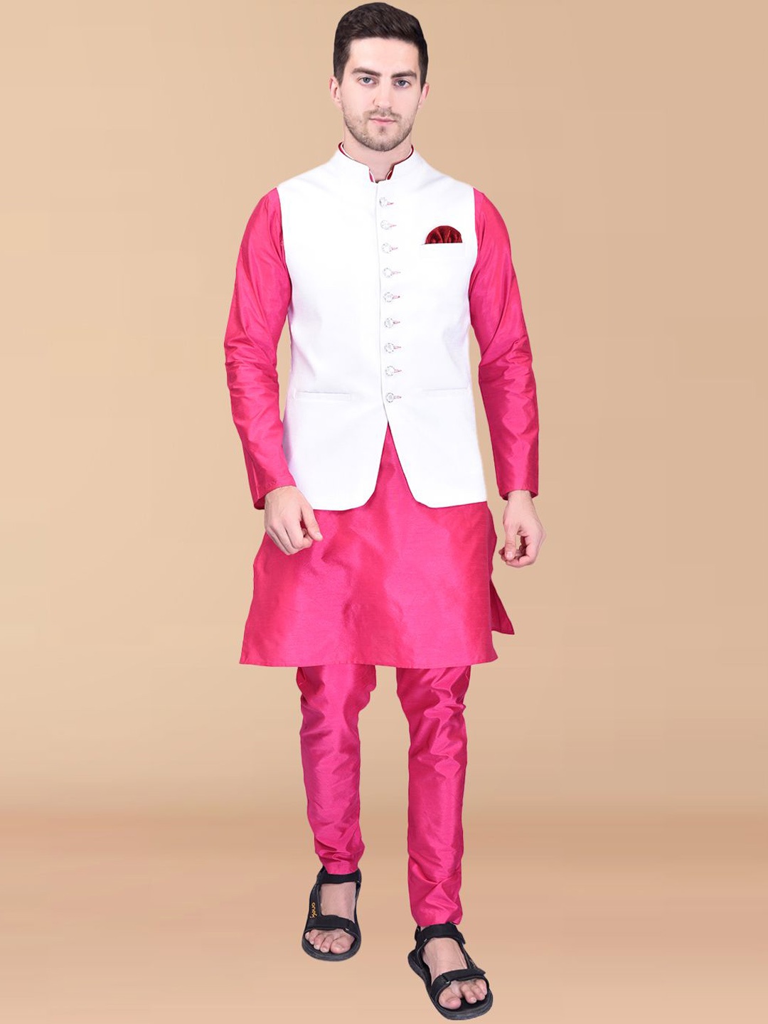 

PRINTINDIA Men Regular Pure Silk Kurta with Trousers, Pink