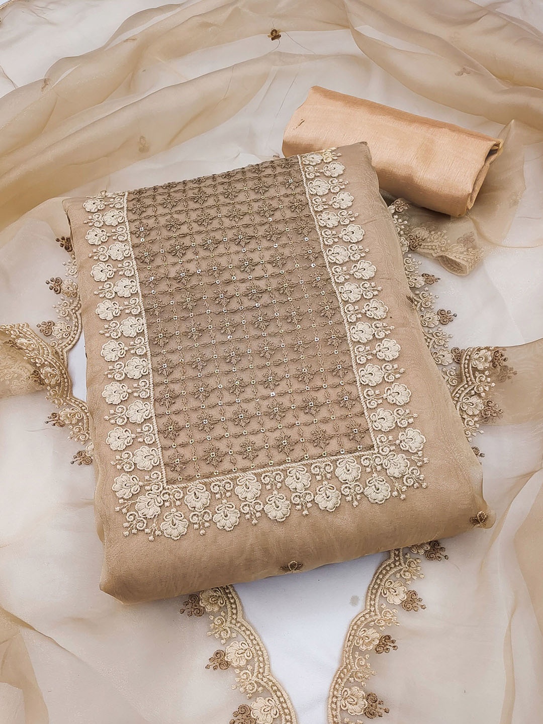 

Maroosh Embroidered Organza Unstitched Dress Material, Beige