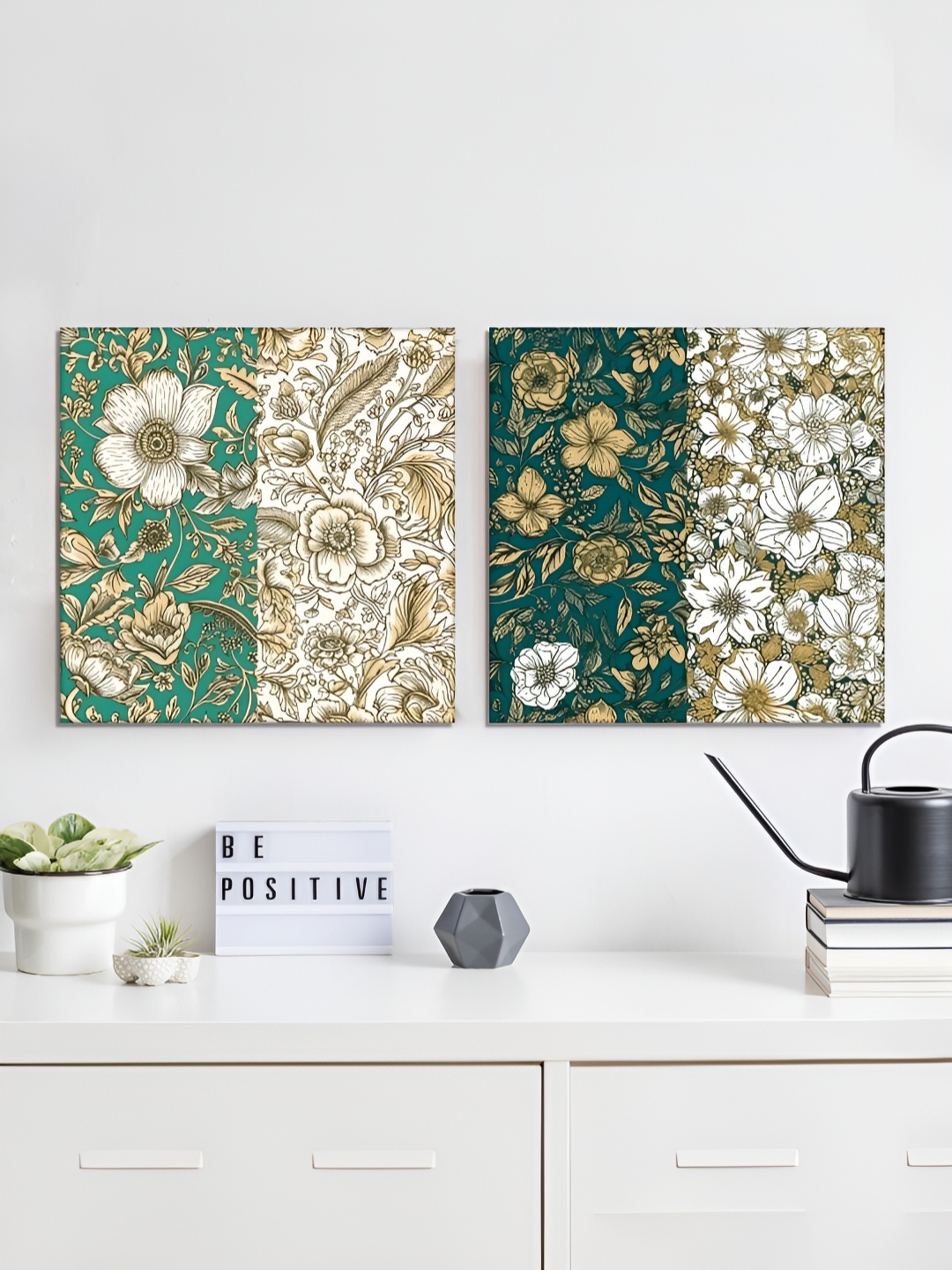 

RANDOM Green & White 2 Pieces Floral Canvas Wall Art