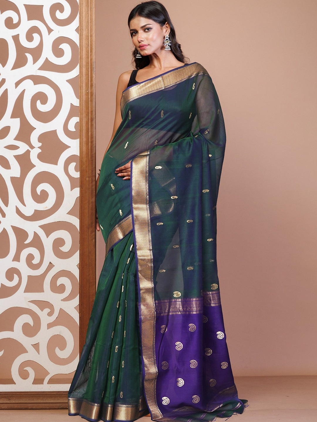 

Unnati Silks Woven Design Maheshwari Saree, Green