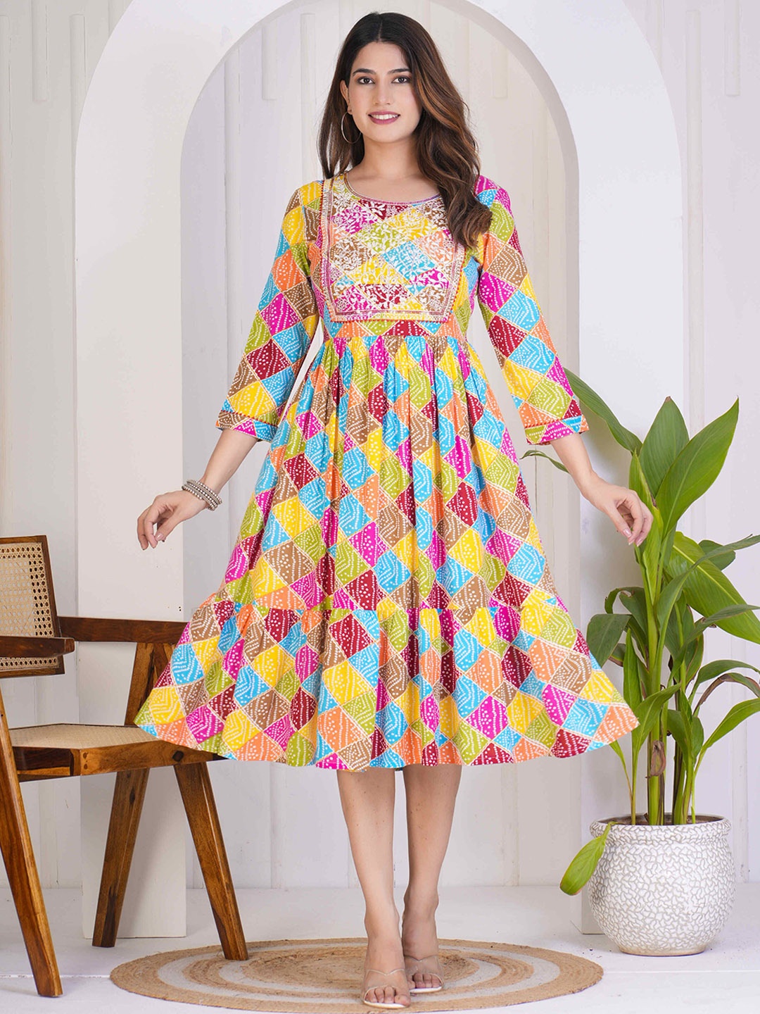 

Assamica Geometric Printed Round Neck Three-Quarter Sleeves Ethnic Dress, Yellow