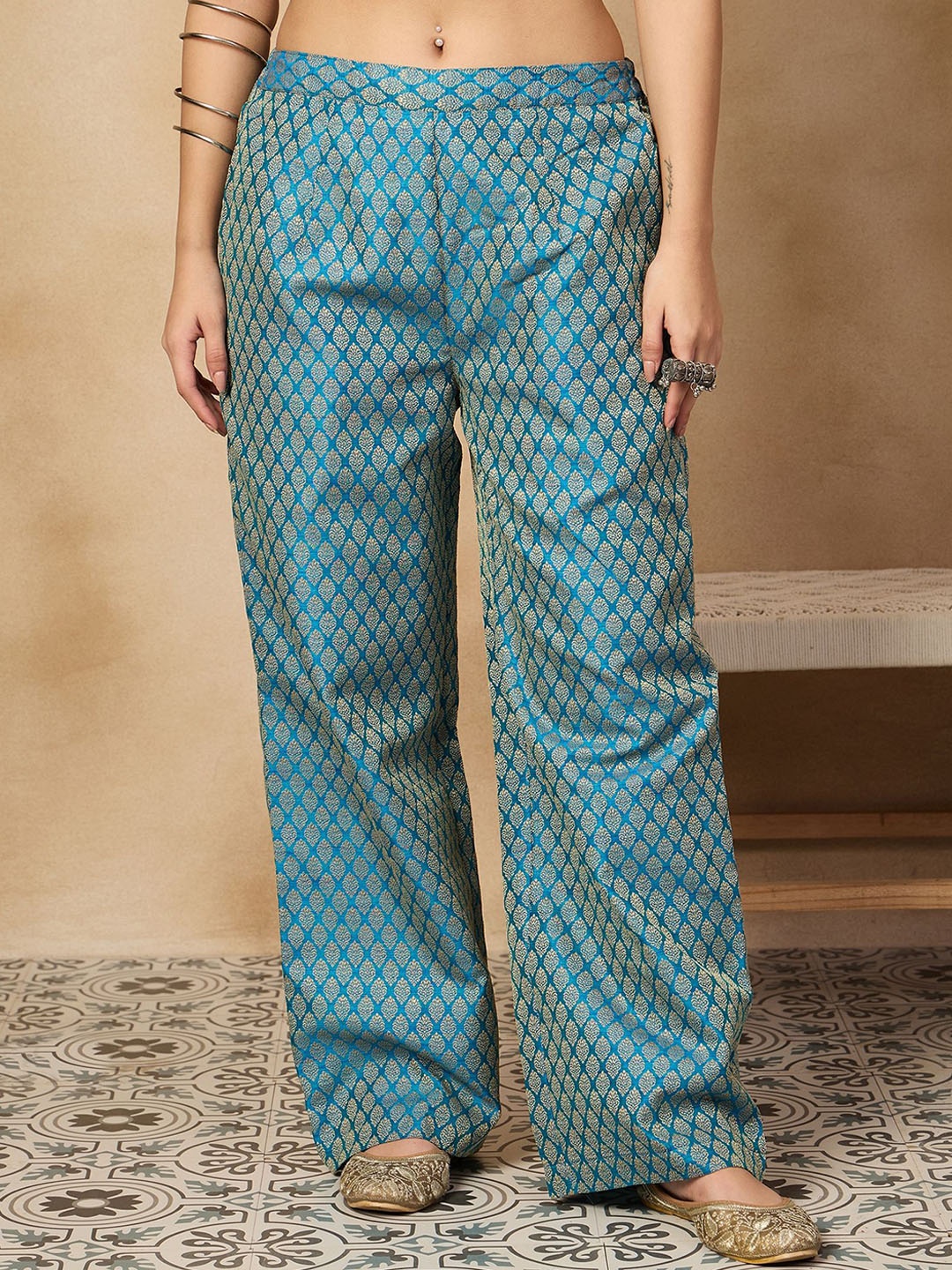 

InWeave Women Ethnic Motifs Printed Relaxed Trousers, Blue