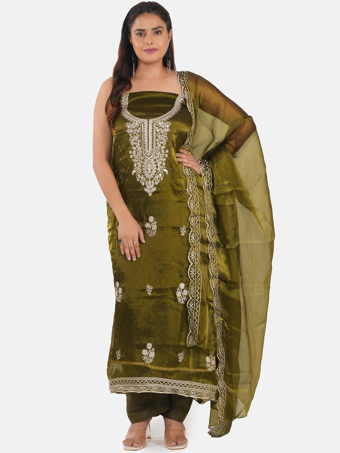 

MOZAFIA Paisley Embroidered Beads and Stones Unstitched Dress Material, Green