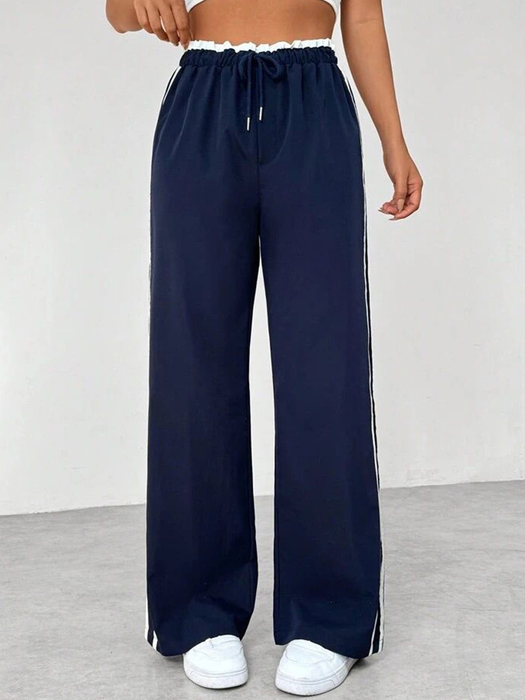 

SAAHASAM Women Striped Relaxed Loose Fit Trousers, Navy blue