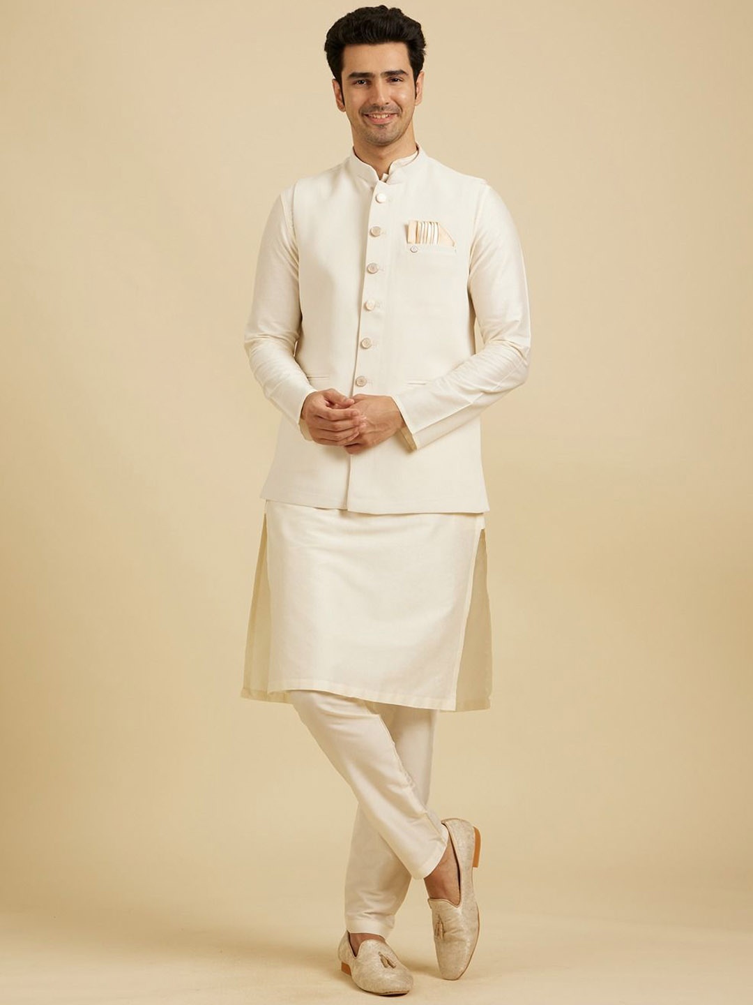 

Manyavar Woven Design Nehru Jacket, Cream