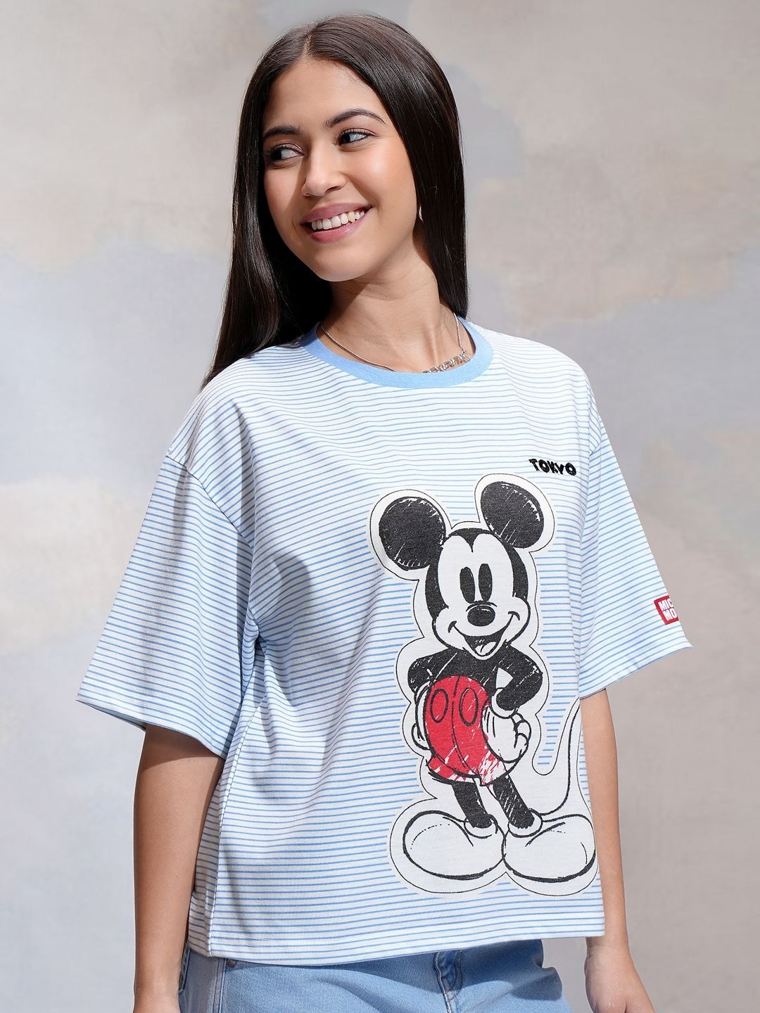 

Tokyo Talkies Disney Mickey Mouse Women Blue Striped Relaxed Fit Tshirts