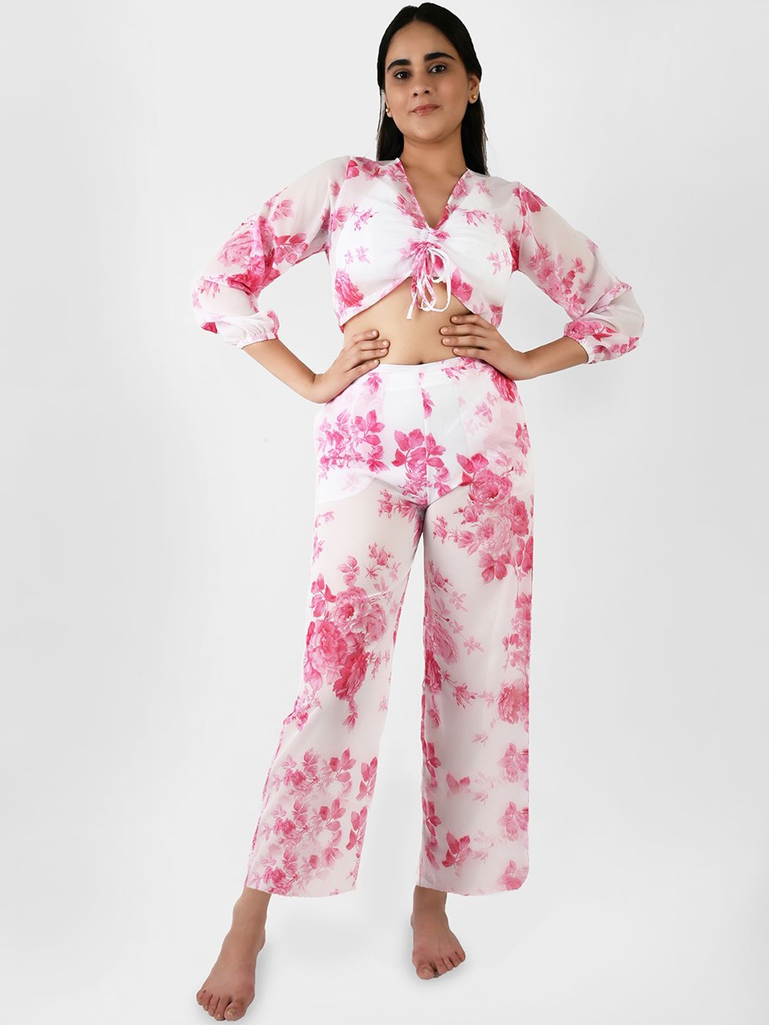 

Blissence Floral Printed Tie Up Crop Top With Trouser, Pink